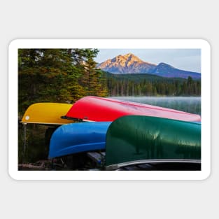 Canoes on Cavell Lake Jasper National Park Alberta Canada Pyramid Mountain Sticker